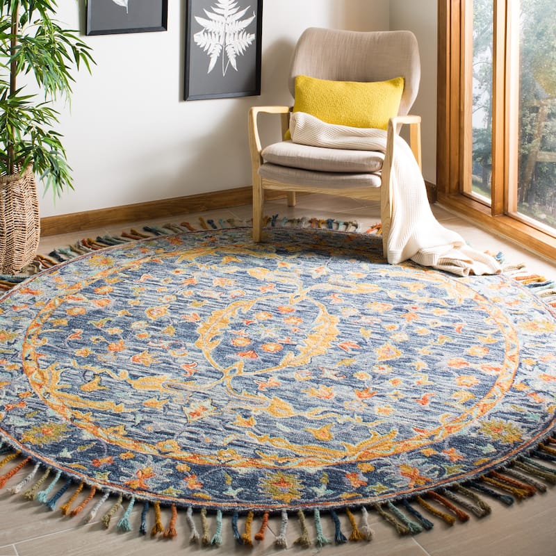 SAFAVIEH Handmade Aspen Jaiden & Eclectic Floral & Botanical - 7' x 7' Round - Blue/Rust