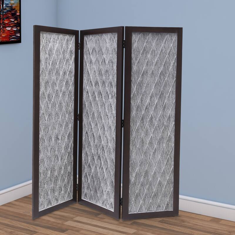 Wooden 3 Panel Room Divider with Textured Diamond Pattern, Gray and Black