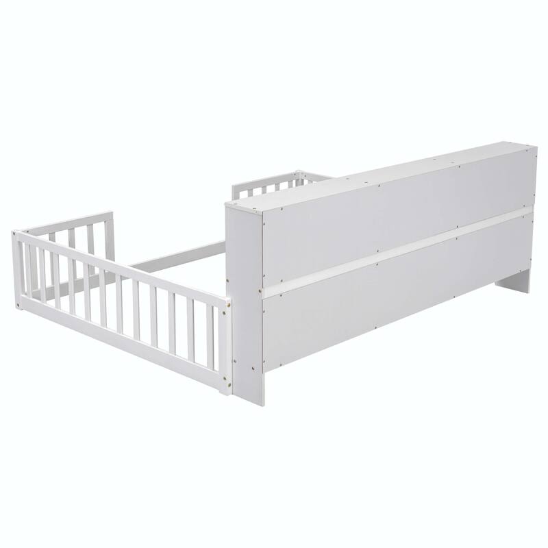 Full Floor Bed with Side Bookcase and Guardrails