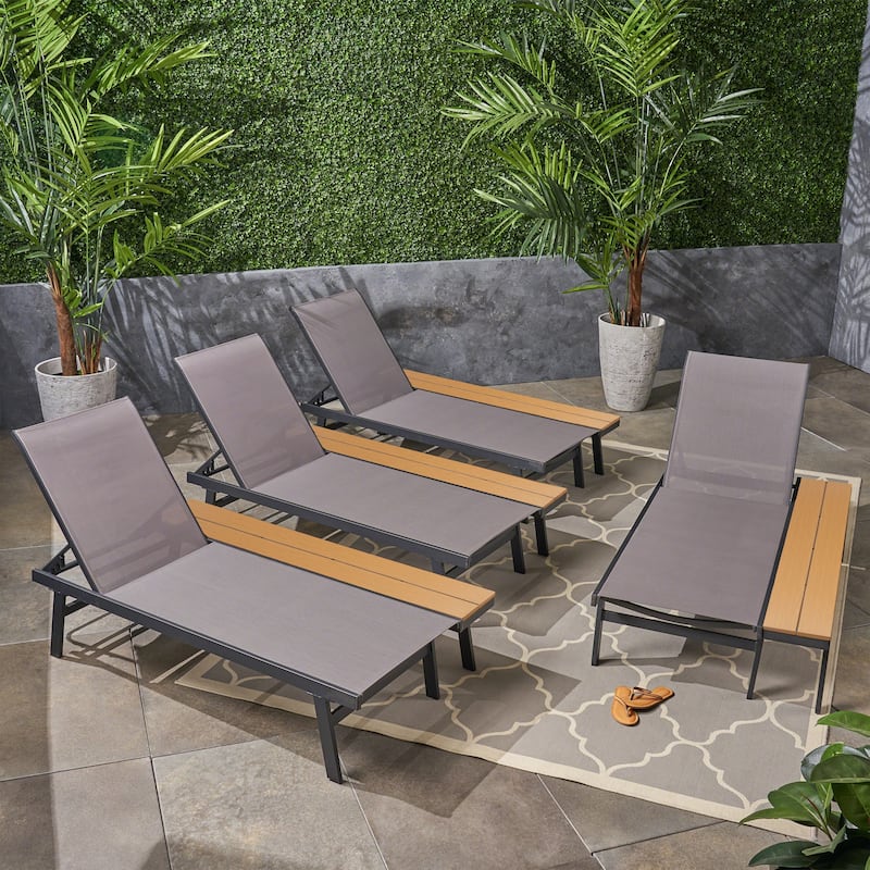 Waterloo Outdoor Mesh and Aluminum Chaise Lounge with Side Table (Set of 4) by Christopher Knight Home - Gay + Black