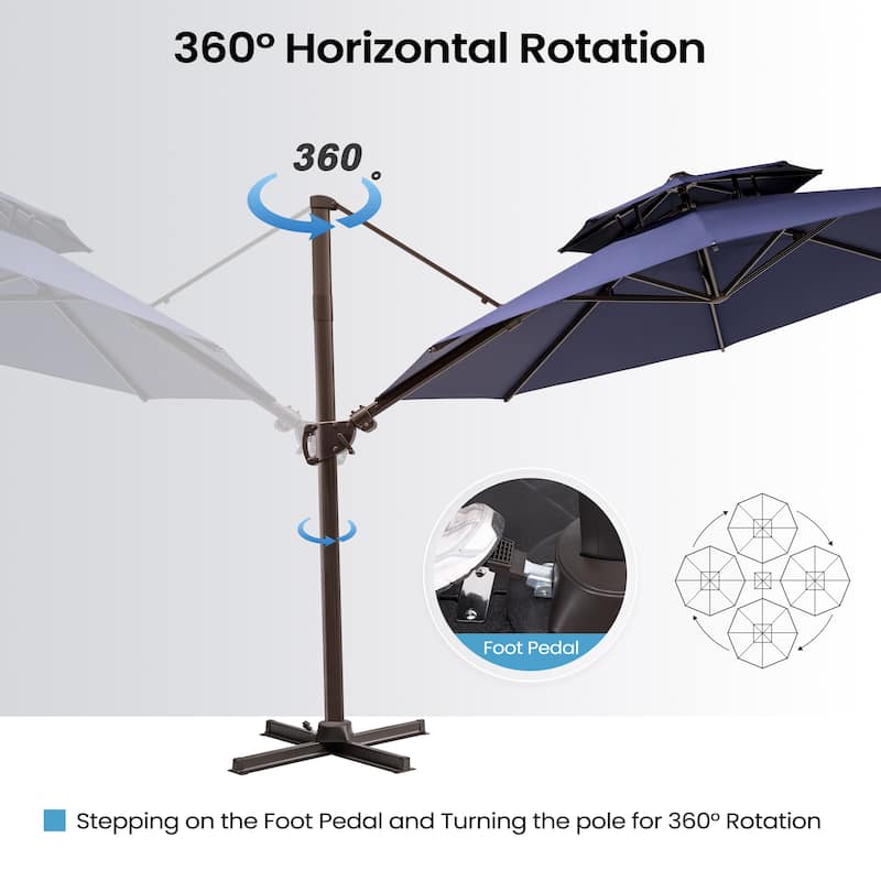 11 ft Outdoor Aluminum Dual Top Solar Powered LED Lighted Patio Cantilever Umbrella and Weighted Base