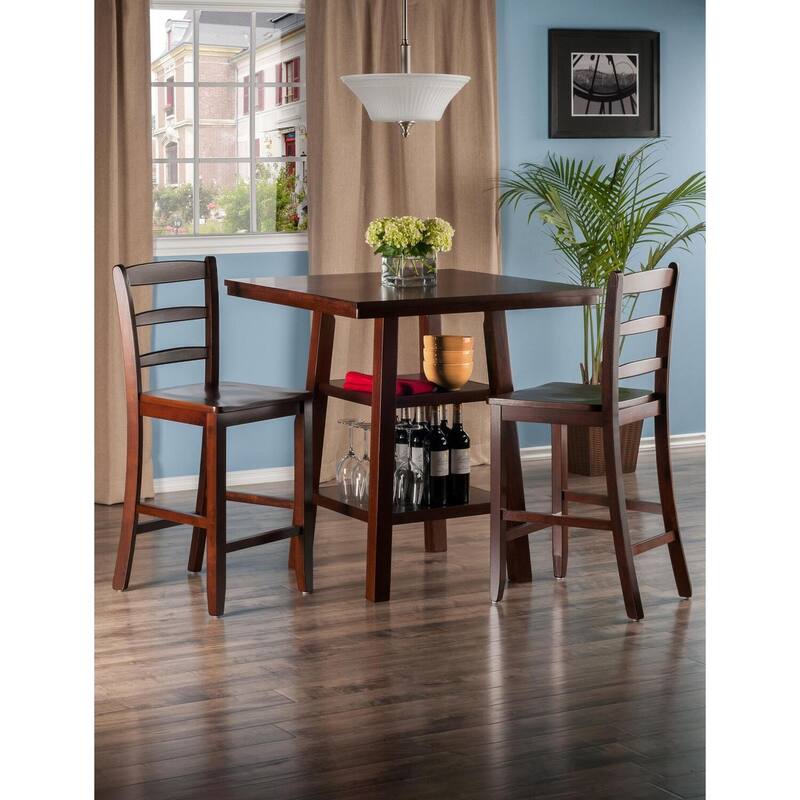 Coastal High Table Set with Bar Stools - 3 Piece Counter Height Dining Set, Walnut Finish