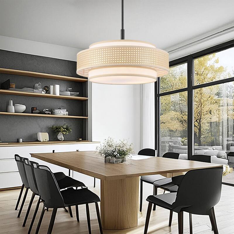 Modern Chandelier Black 24" 5-Light Woven Rattan Shade