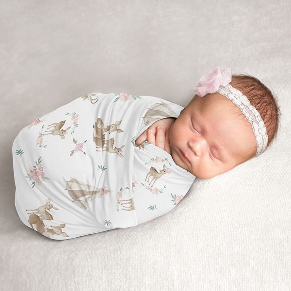slide 2 of 5, Woodland Deer Floral Collection Girl Baby Swaddle Receiving Blanket - Blush Pink, Mint Green and White Boho Watercolor Forest