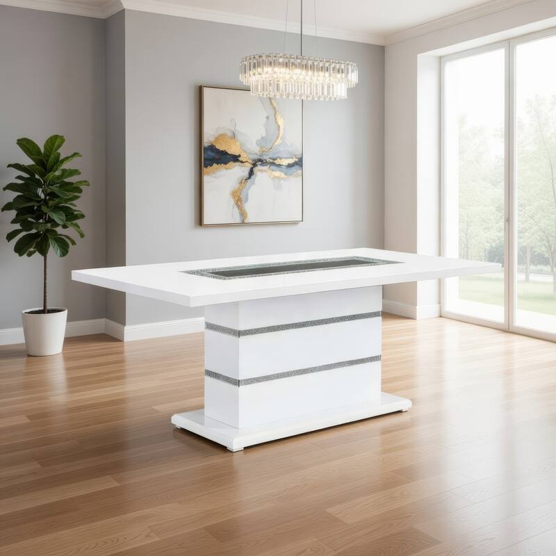 Zav Dining Table, 79 Inch Rectangular Top, White Gray Pedestal Base - Gray, White, Silver, Black