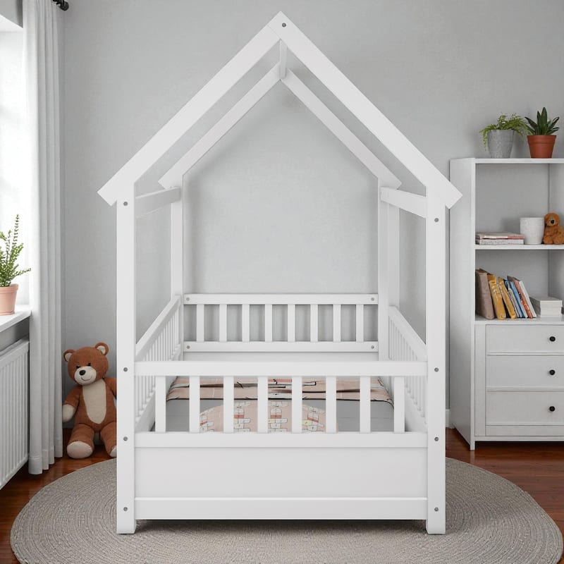 Twin/Full Wooden House Frame Floor Bed with Fence Guardrails, Montessori Style Kids Bed, Pine Wood Low Profile Design