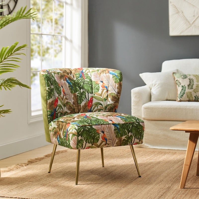 Amata Bold Patterned Tufted Side Chair with Goldtone Legs - Green
