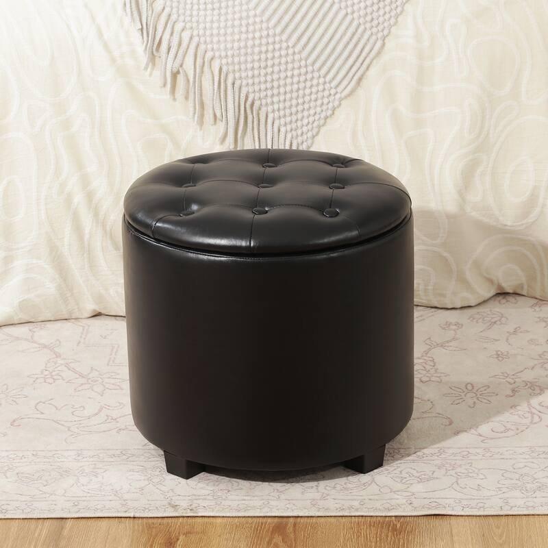 Adeco 17" Faux Leather Round Storage Ottoman with Tufted