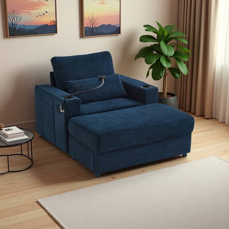 Chenille Modern Chaise Lounge Sofa with Storage Ottoman, USB Ports, Cup Holders and Side Pockets - Blue