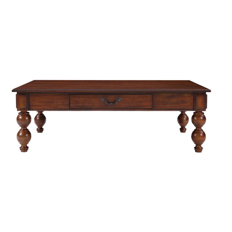 Vintage Cocktail Table Rectangular Wooden Coffee Table with Storage Drawer, Gourd-Shaped Legs and Zinc Alloy Handle