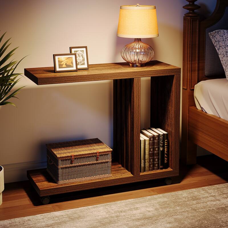 C-Shaped End Side Table for Living Room, Wooden Beside Couch Table
