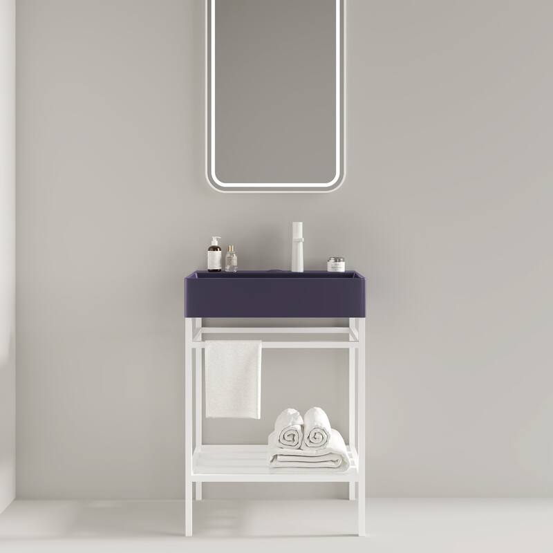 24 inch Metal Freestanding Bathroom Vanity Set with Integrated Ceramic Sink - White+Purple