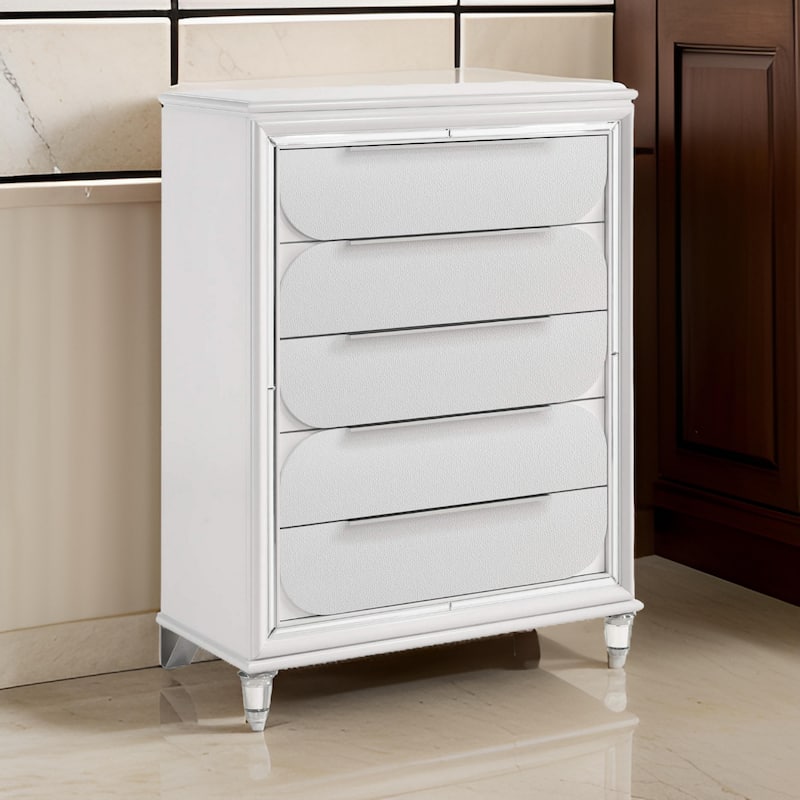 Rara 51 Inch Tall Dresser Chest, 5 Drawer, Mirror Trim, Acrylic, White