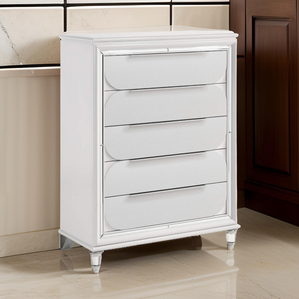 Rara 51 Inch Tall Dresser Chest, 5 Drawer, Mirror Trim, Acrylic, White