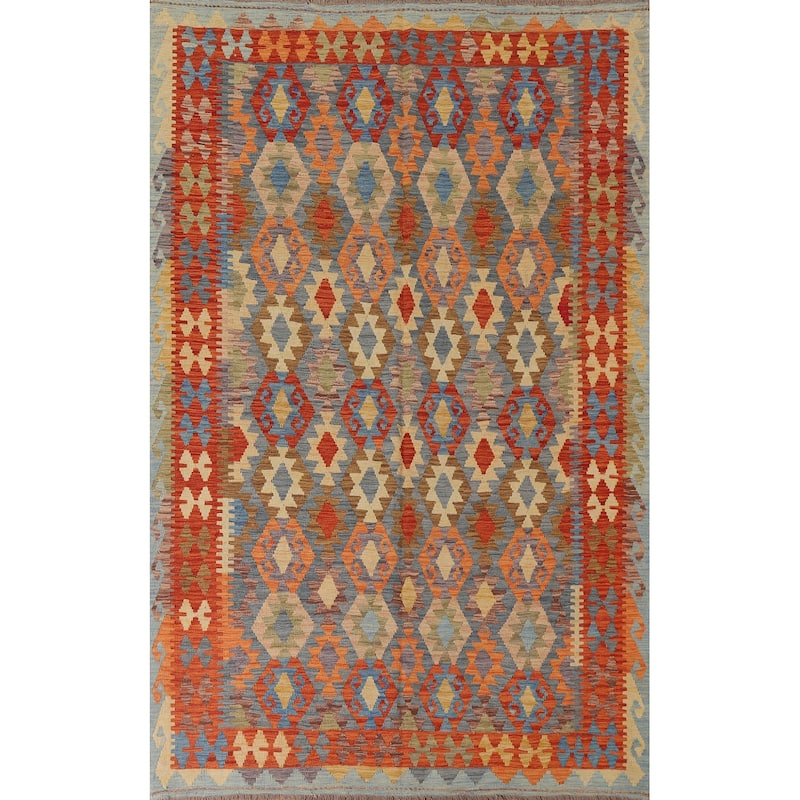 Hand Woven Oriental 100% Wool Carpet Southwestern Geometric Multi-Colored Kilim Area Rug - 9' 5'' X 6' 9''