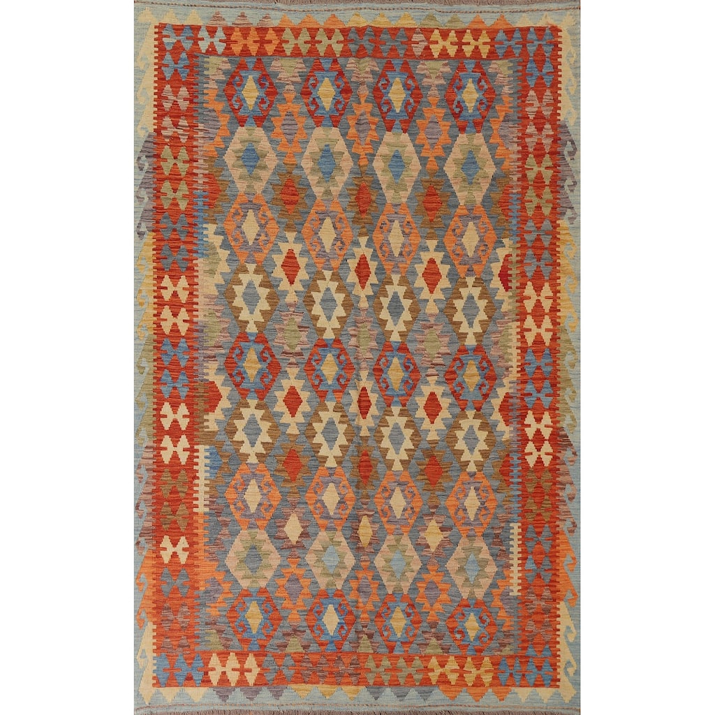 Hand Woven Oriental 100% Wool Carpet Southwestern Geometric Multi-Colored Kilim Area Rug - 9' 5'' X 6' 9''