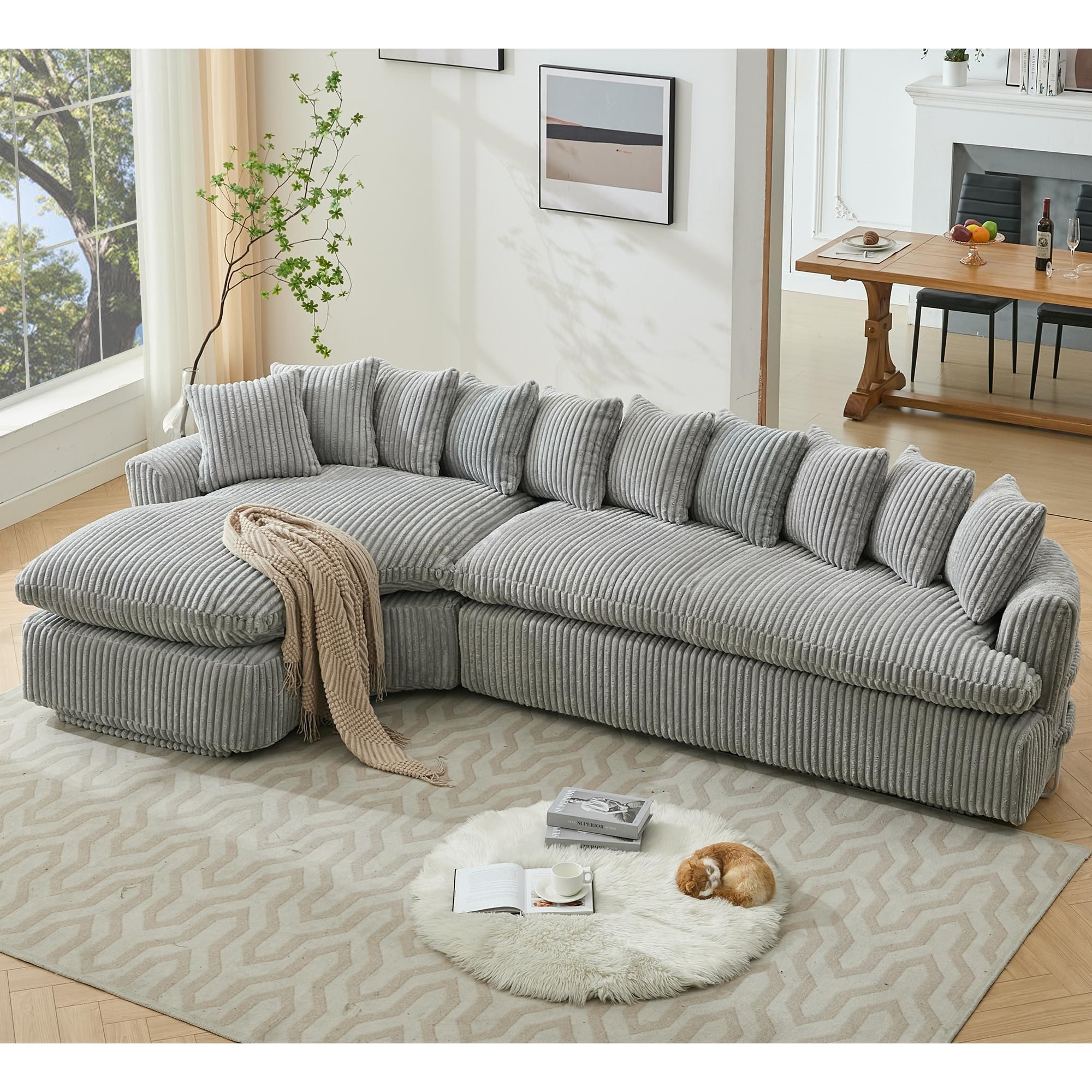 127" Corduroy L-Shaped Sectional Sofa with 10 Back Cushions