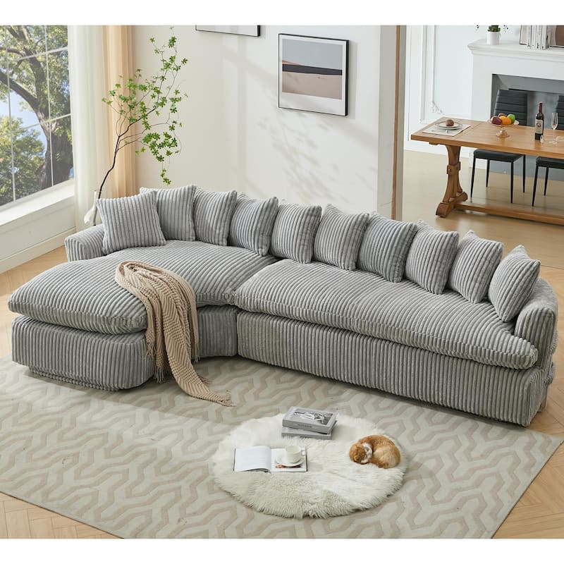 Modern L-Shaped Corduroy 4-Seat Modular Sectional Sofa with Curved Design and Back Cushions for Living Room