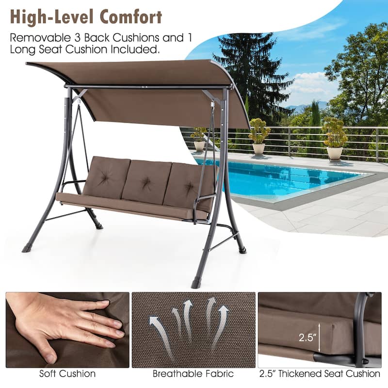 Costway 3-Seat Outdoor Porch Swing Adjustable Canopy Padded Cushions - See Details