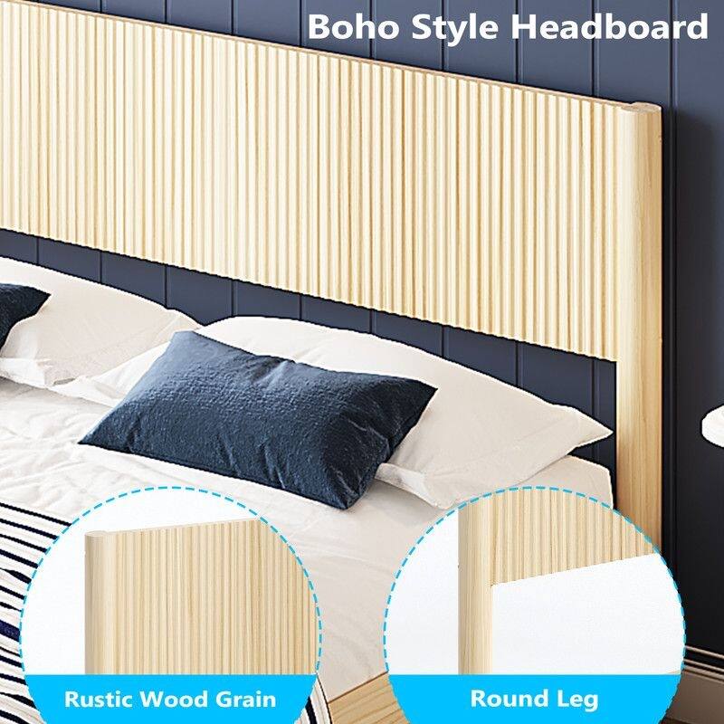 Solid Wood Twin Bed Frame Platform Bedframe with Headboard Grille Style