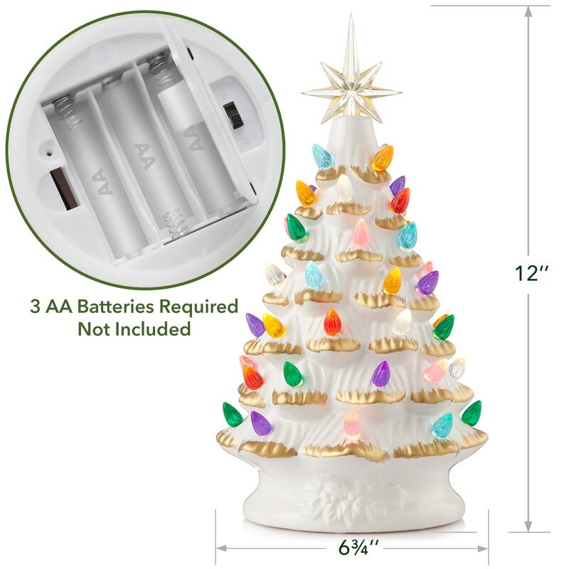 12in Hand Painted Ceramic Christmas Tree PreLit Tree with Star