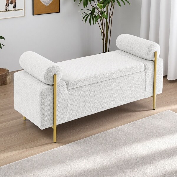 44"L Upholstered Linen Storage Bench with Cylindrical Arms and Iron Legs