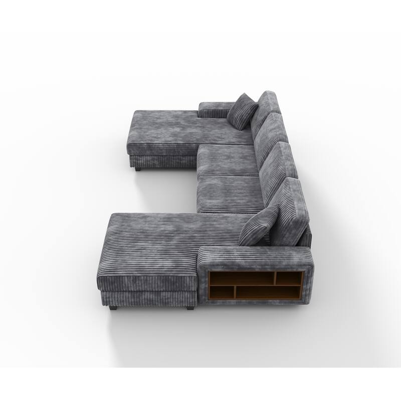 139.76" Corduroy U-Shaped Sectional Sofa with Storage Arms & Pocket Spring Cushions