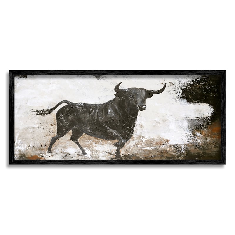 Stupell Rustic Running Bull Abstract Animal Painting Wild Cattle Framed Wall Art - Off-White - 30 x 13 - Black