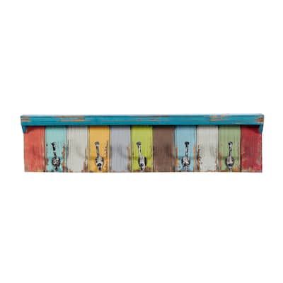 Wood 10 Hangers Wall Hook - Multi Colored - Roche River Decor - 5"W x 35"L x 9"H