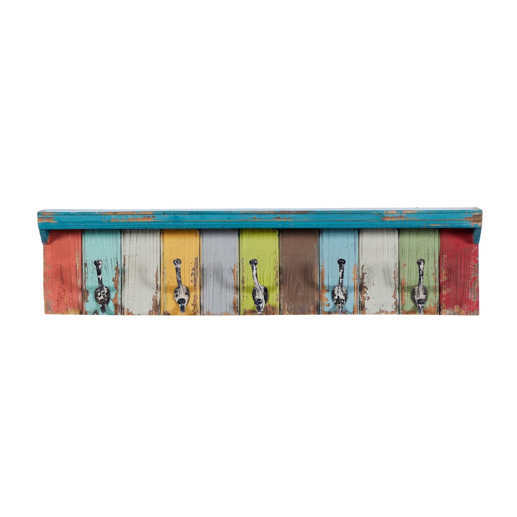 Wood 10 Hangers Wall Hook - Multi Colored - Roche River Decor - 5"W x 35"L x 9"H