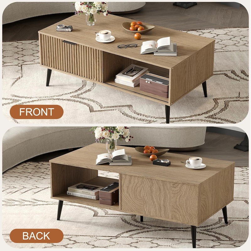Coffee Table with Storage, 2-Tier Wooden Coffee Table with Sliding Door,