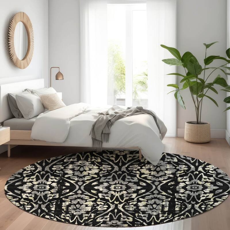 Premium Washable Super Soft Floral Damask Mayfield Rug - Black - 8' x 8'