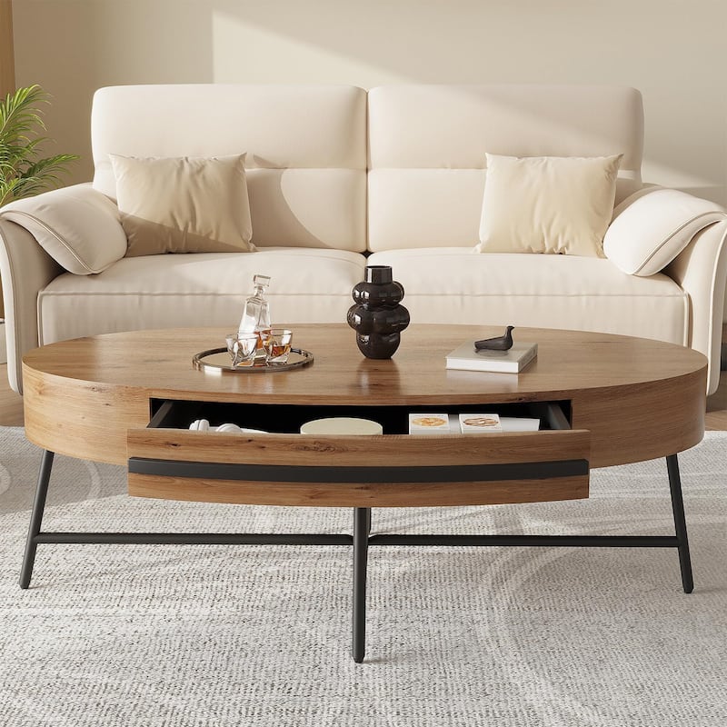 Oval Coffee Table with Drawer, 47.2" Mid-Century Modern Center Table, Wooden Coffee