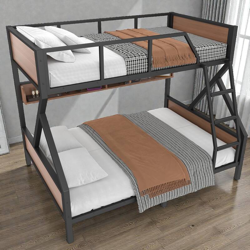 Metal Bunk Bed with Storage Shelves and LED Lights, Space Saving Noise Free Bunk Bed Frame with Guardrails