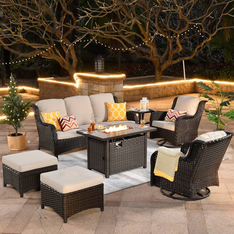 OVIOS 7-piece Patio Swivel Chair Set with 42" Fire Table - Beige-Brown Wicker