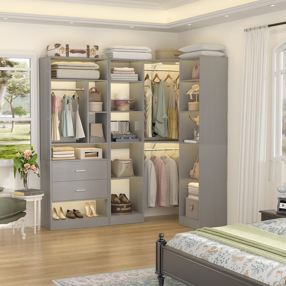 Rackcog 63.2'' W Corner Closet System with 2 Wooden Drawers and 3 Hanging Rods, Walk-in Closet Organizer with 12 Storage Shelves