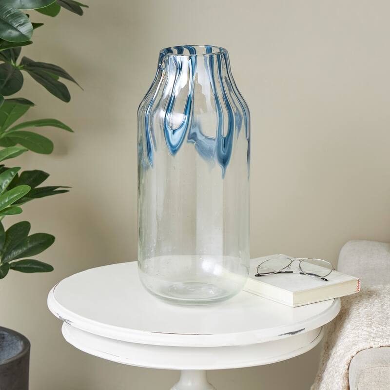 Cream Glass Abstract Vase with Wavy Blue Design - Cream - 7"W, 17"H