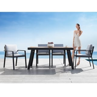 HIGOLD 7 Pieces Outdoor Dining Set with Grey Cushions, Matte Charcoal Aluminum Frame, Imitated Teak Aluminum Tabletop