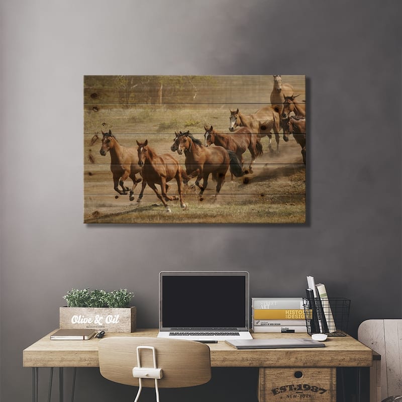 Western Ranch Wild Mustangs Print On Wood by Unknown Artist - Multi-Color