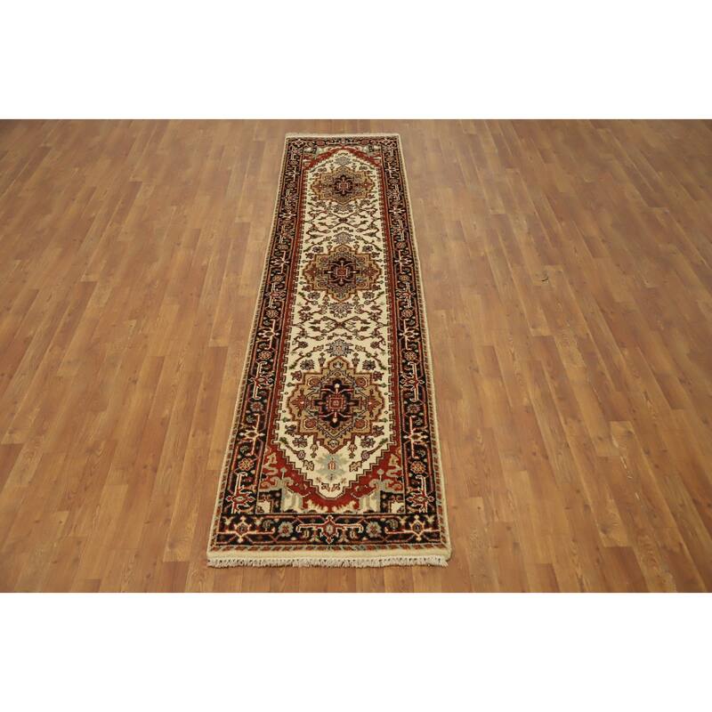 Hand Knotted Oriental 100% Wool Carpet Traditional Geometric Beige & Ivories Heriz (serapi) Runner Rug - 9' 11'' X 2' 5''