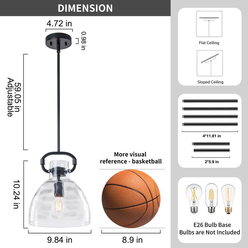Skystar 1 - Light Single Pendant With Clear Hammered Glass Shade