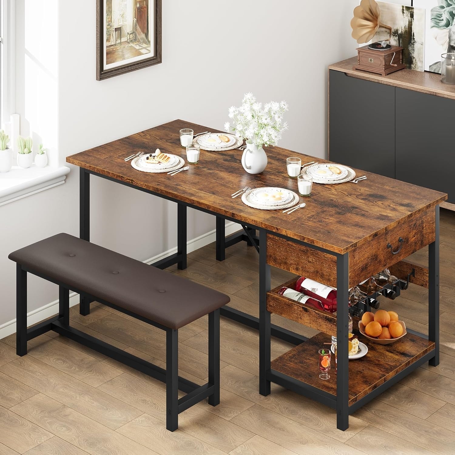 Dining Table Set for 4 with Upholstered Benches