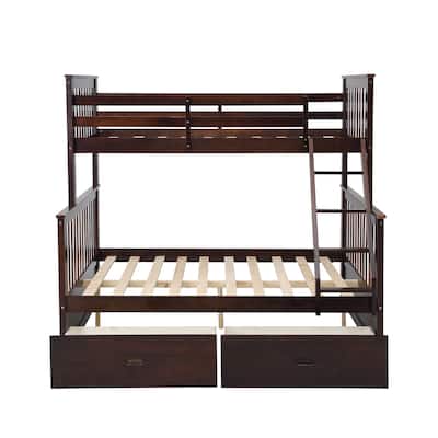 Dark Brown Twin Over Full Bunk Bed with Storage Drawers, Solid Wood Frame, Safety Guard Rails