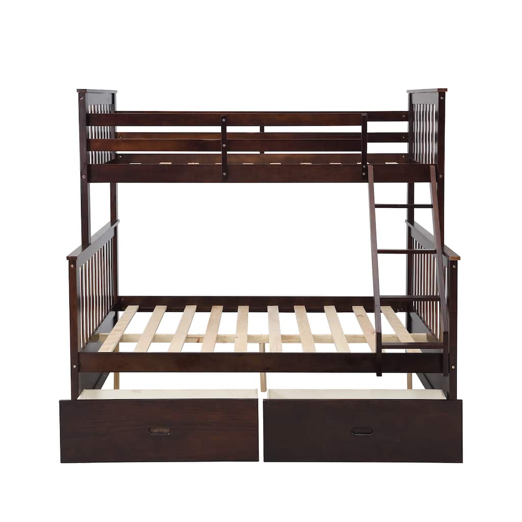 Dark Brown Twin Over Full Bunk Bed with Storage Drawers, Solid Wood Frame, Safety Guard Rails