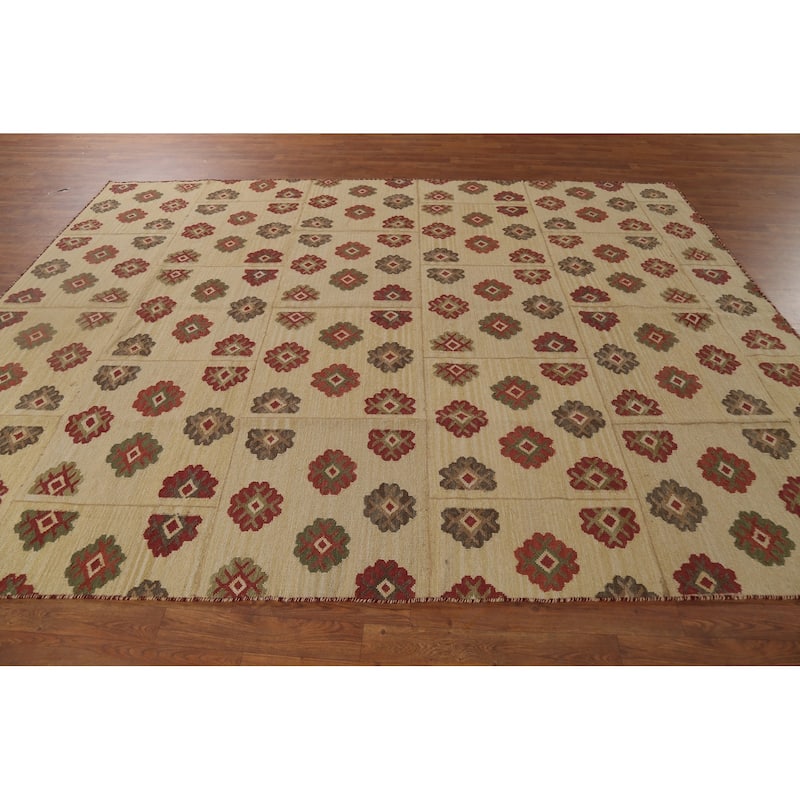 Kilim Oriental Area Rug Hand-Woven Beige Wool Carpet - 7'6"x 9'10"
