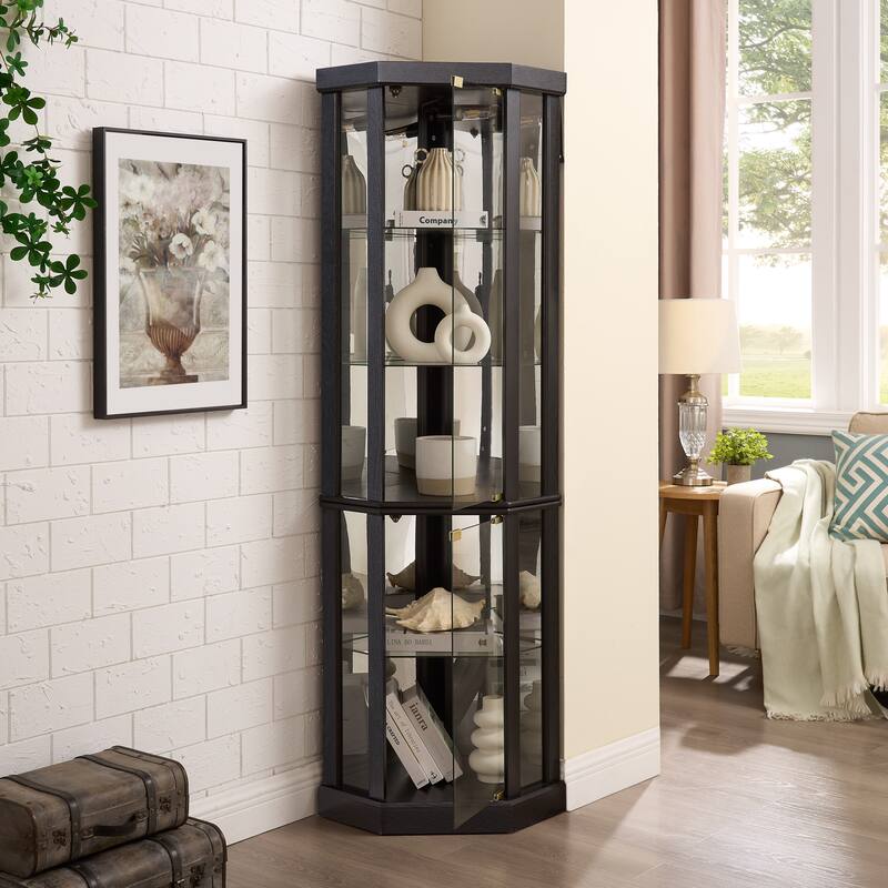 Corner Display Cabinet with Glass Door, Shelves & Light