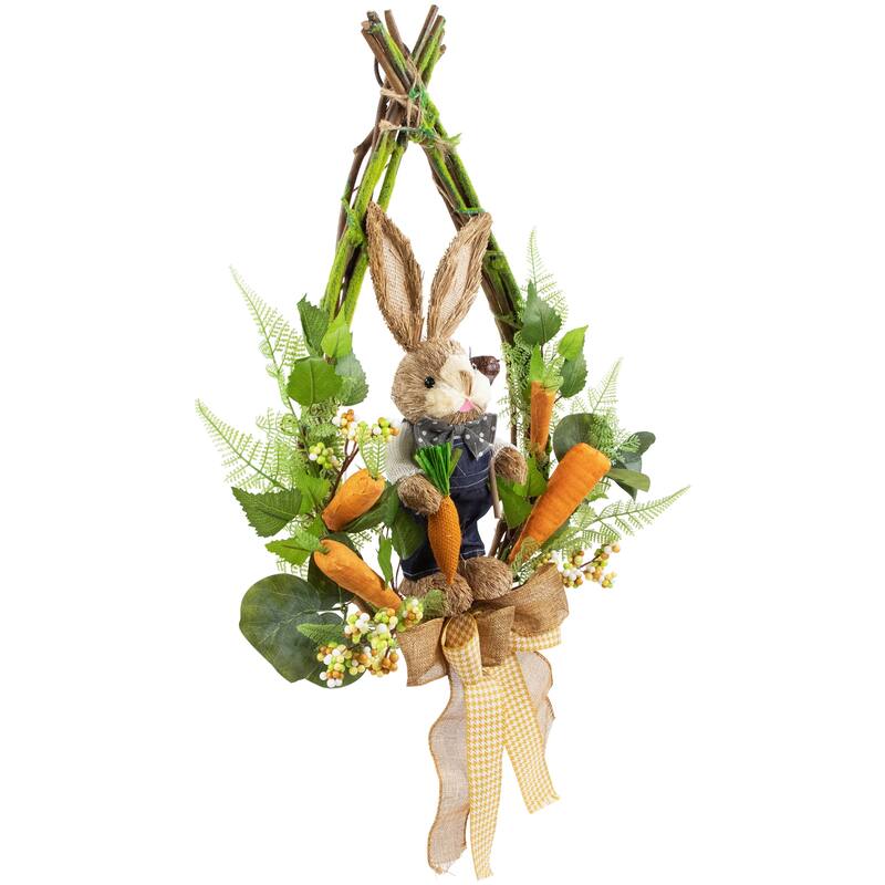 Farmer Bunny Moss Vines Teardrop Easter Wreath - 22" - Green and Orange - Unlit
