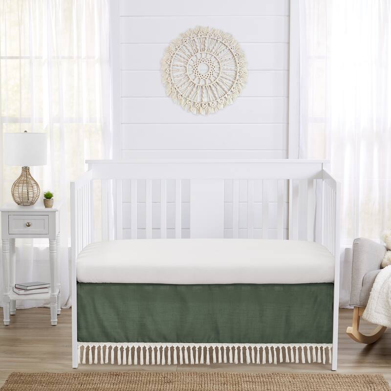 Dark Green Boho Chic Girl Boy Unisex Crib Bed Skirt Solid Sage Hunter Ivory Bohemian Linen Macrame Modern Farmhouse Minimalist