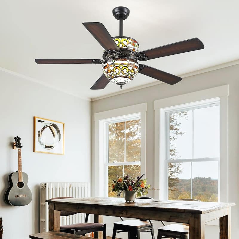 50" TiffanyTropical Ceiling Fan with 5 Palm Leaf Bllades and Vintage Cover Waterproof for Indoor and Outdoor Patio