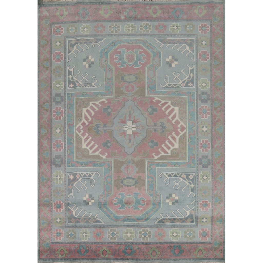 Blues Pink Geometric Oushak Indian Area Rug Handmade Wool Carpet - 8'0" x 10'0"